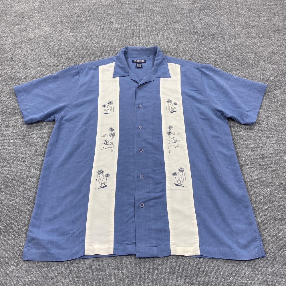 Cherokee‎ Shirt Mens Large Blue Colorblock Short Sleeve Button Up Embroidered